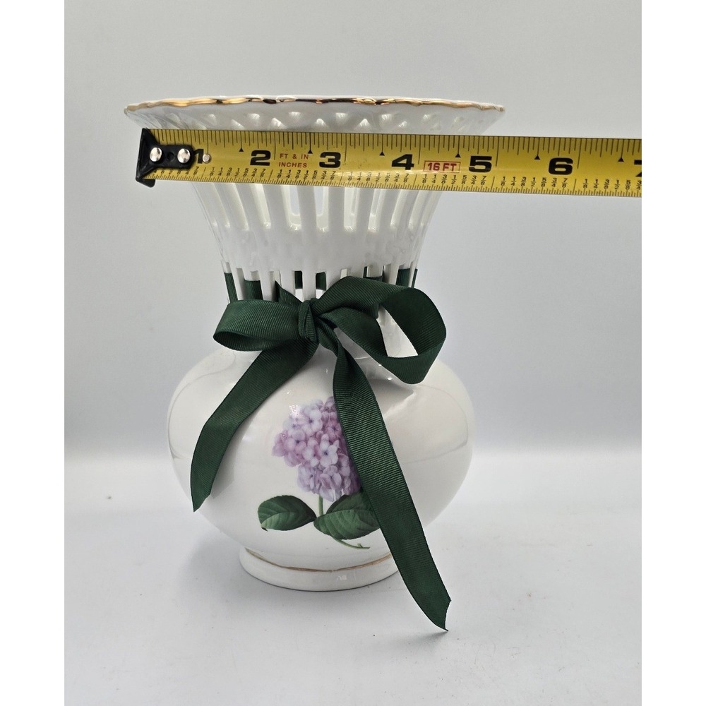 Purple Hydrangea Porcelain Flower Vase Gold Trim Lattice‎ Neck - Picture 12 of 14